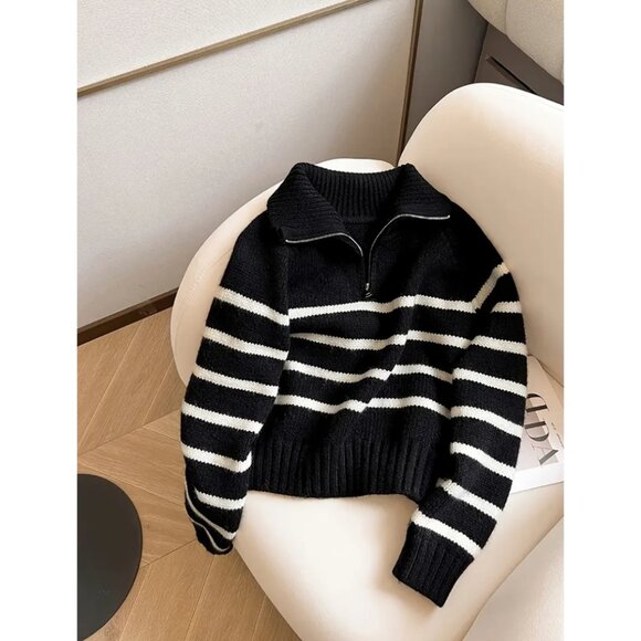 Striped Color Block Collared Half-Zip Knit Sweater - Picture 1 of 5